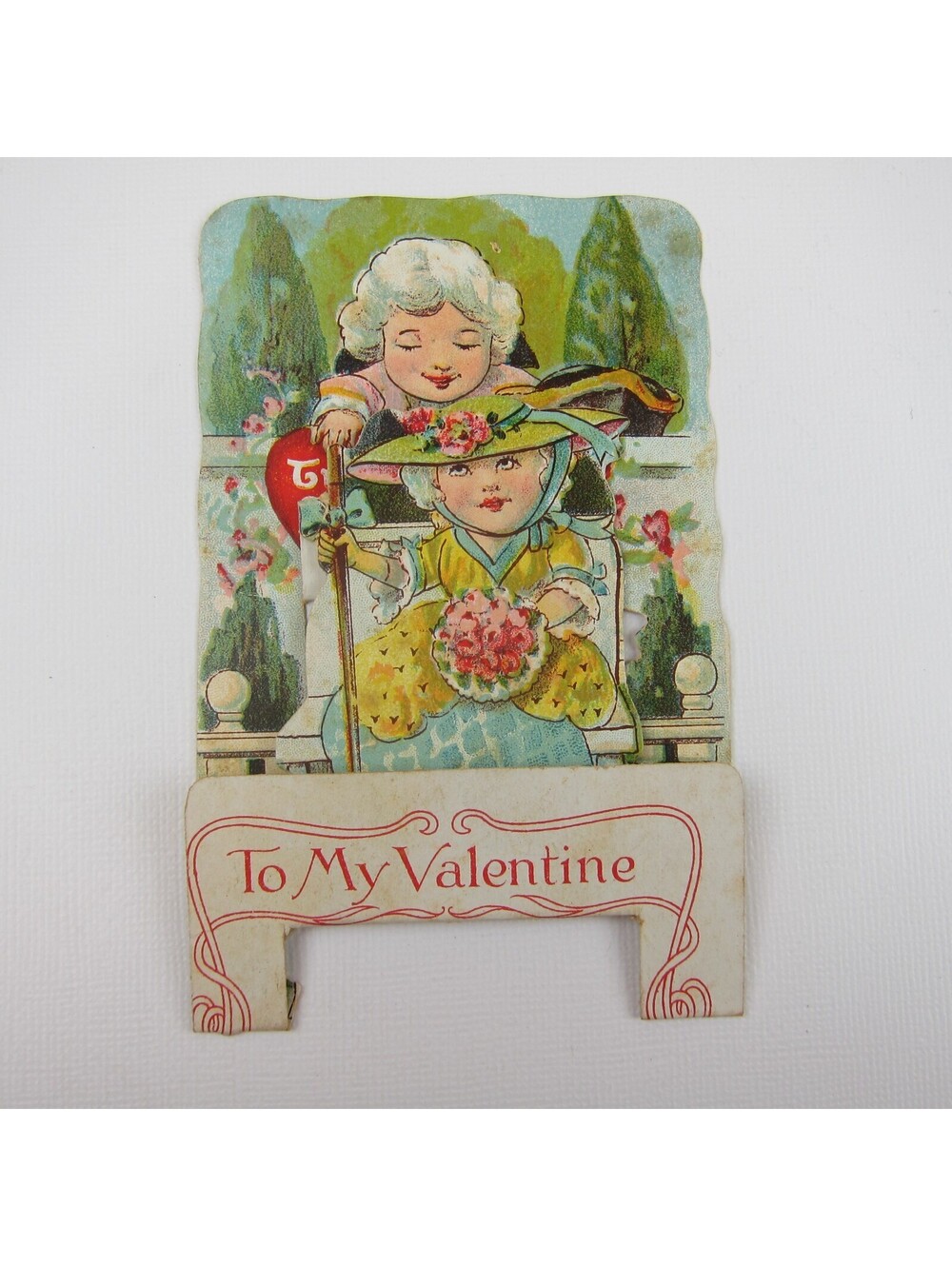 Vintage Valentine 3D Pop Up Die Cut Boy & Girl 1700s Wigs & Dress Pink Flowers